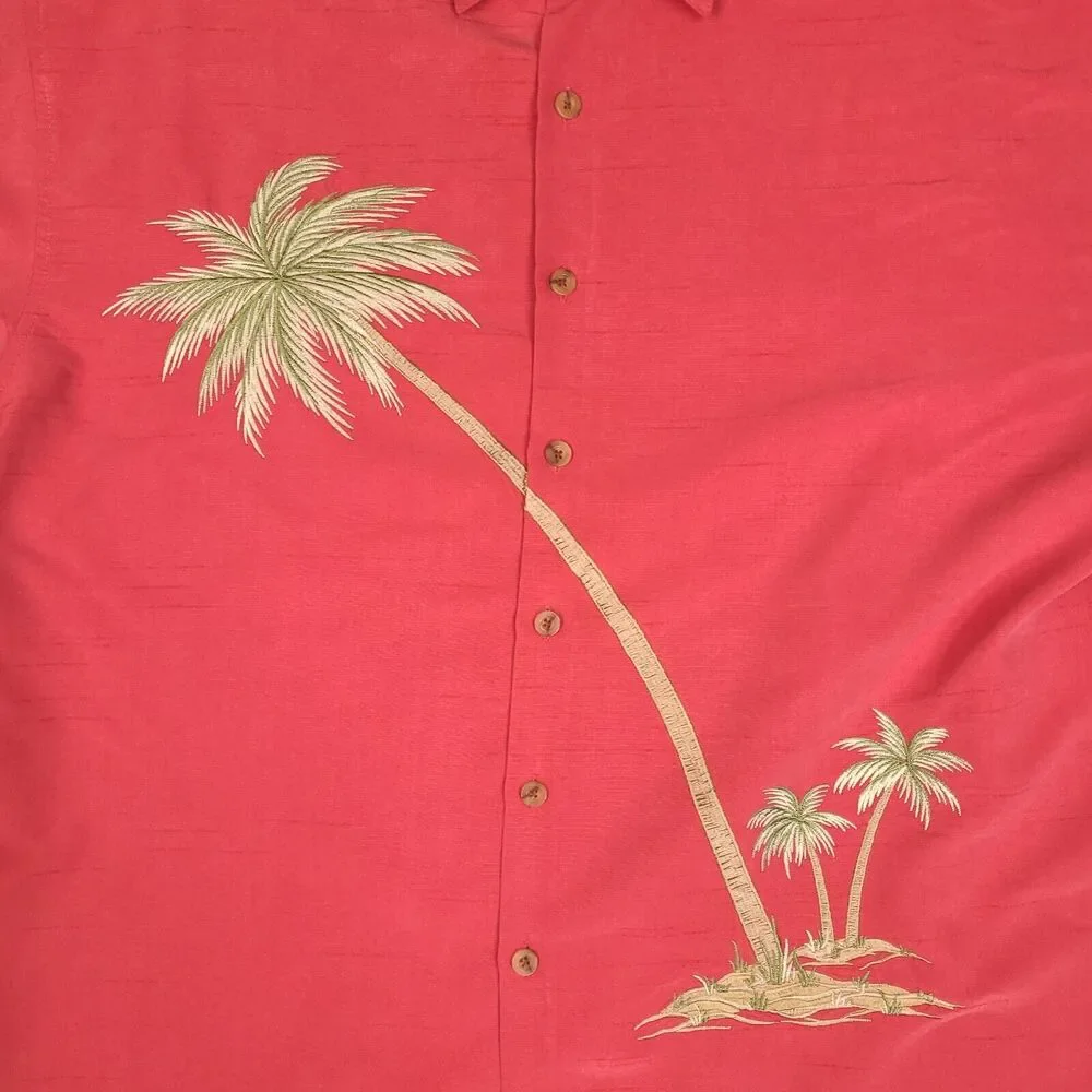 Bamboo Cay Fine Resort-Wear Leaning Palm‎ Tree Mens Large Red Salmon Embroidered